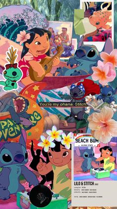 an image of various cartoon characters with flowers in their hair and the words beach bum on them