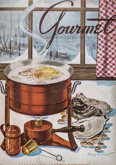 an advertisement for gourmet magazine with cooking utensils