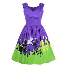 If there's anyone who knows how to make an entrance, it's Maleficent, whose wickedly bold style is all over this flared frock from the Disney Parks Dress Shop. With or without an invitation, you're sure to turn heads and stop hearts when showing up in our deviously delightful dress. * Mid-calf dress * Allover flamingo, sun, and sunglasses print * Embroidered ear hat appliqué at back * Collared halter top bodice * Contrast collar, straps, and belt * Bow at back of collar with self-stick fabric cl Disney Dresses For Women, Maleficent Dress, Maleficent Disney, Shop Disney, Alice In Wonderland Dress, Disney Dress, Shop Dress, Disney Sleeping Beauty, Mid Calf Dresses