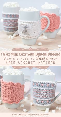 crochet mug cozy with button closures and 3 cute styles to choose from free crochet pattern