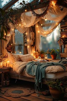 a bed with lots of lights hanging from it's headboard and canopy over it