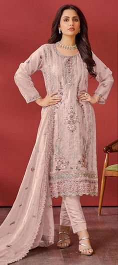 Pink and Majenta color Salwar Kameez in Organza Silk fabric with Embroidered, Resham, Sequence, Thread work Pakistani Suit With Pants, Party Wear Salwar Kameez, Patiyala Dress, Party Wear Salwar, Reception Lehenga, Straight Cut Pants, Punjabi Salwar Suits, Embroidered Pants, Salwar Kameez Designs