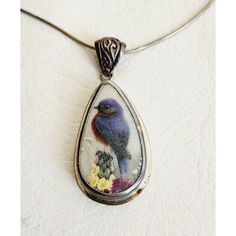 This Vintage Necklace Is A Unique Piece Of Jewelry That Features A Hand-Painted Bird Pendant. The Pendant Is Made From Broken China And Set In A Teardrop Shape, With An Oval Main Stone Of Unknown Origin. The Necklace Is Made From Sterling Silver With A Lobster Closure, And Measures 15 Inches In Length. The Color Of The Necklace Is Silver With Blue Accents, And The Style Is A Pendant. This Necklace Is A Great Addition To Any Fine Jewelry Collection, With A Theme Of Birds And A Material Of Ceramic. Its Metal Purity Is 925, And It Weighs 18.72g. It Is Tarnished And Needs To Be Polished. Broken Plate Jewelry, Broken Pottery Jewelry, Broken China Jewelry, China Jewelry, Broken China, Bird Pendant, Fine Jewelry Collection, Blue Accents, Birds Painting