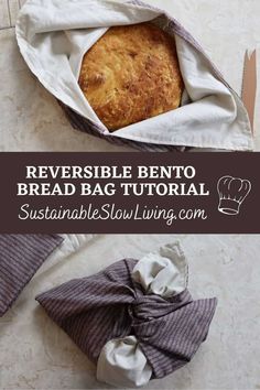 a loaf of bread sitting in a bag with the words reversible bento bread bag