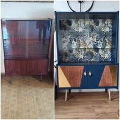 two pictures side by side one has a blue cabinet and the other has a brown cabinet