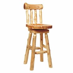 a wooden bar stool with a seat made out of logs and an arm rests on top of it