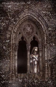 a painting of a woman standing at the entrance to a gothic - style building with ivy growing all around her