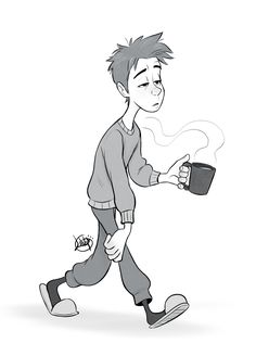 a drawing of a man holding a coffee cup with steam coming out of his mouth