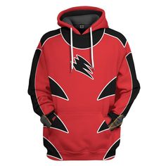 a red and black zip up hoodie with the flash symbol on it, in front of a white background