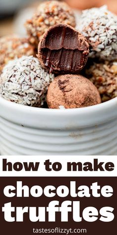 chocolate truffles in a white bowl with text overlay