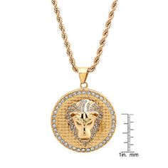 Features: HypoallergenicJewelry Closure: Lobster ClaspLink Construction: SolidShape: AnimalsStone: No StoneMetal Color: YellowChain Length: 30 InchPendant Length: 43mmPendant Width: 43mmMetal: 18k Gold Over Stainless SteelChain Construction: RopeCare: Polishing ClothStone Type: 158 Simulated DiamondCountry of Origin: Imported Luxury Stainless Steel Necklaces, Luxury Round Stainless Steel Necklace, Luxury Stainless Steel Round Necklace, Stainless Steel Box Chain Jewelry, Gold Plated Rope Chain Pendant, Gold-plated Jewelry With Round Pendant Box Chain, Gold Plated Jewelry With Round Pendant And Box Chain, Gold Plated Pendant Jewelry With Rope Chain, Gold Jewelry With Round Box Chain