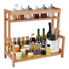 a wooden shelf filled with bottles and condiments