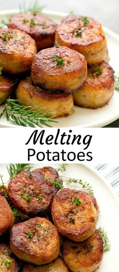 two plates with different types of food on them and the words melting potatoes above it