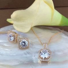 Bridal Cubic Zirconia Set, Square Halo Style Gold Bridal Set | Bellaire Wholesale Rose Gold Bridal Set, Gold Bridal Set, Black Tie Formal, Square Crystal, Round Halo, Rose Gold Bridal, Halo Style, Zircon Jewelry, Square Stud