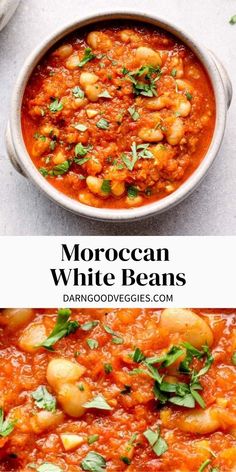 moroccan white beans in a bowl with basil leaves on top and the words, moroccan white beans