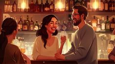 a man and woman sitting at a bar with wine glasses in their hand, talking to each other