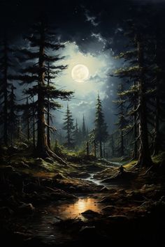 a painting of a forest at night with the moon in the sky and water running through it