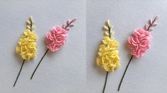 three different types of crocheted flowers on white paper with yellow and pink stems