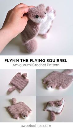 a stuffed animal that is being held up by someone's hand with the caption, flinn the flying squirrel