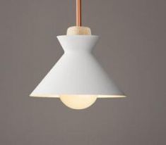 a white light hanging from a ceiling with a wooden pole in the middle and a small lamp on top