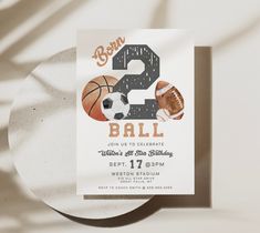 an image of a birthday party card with basketballs and balls on it's front