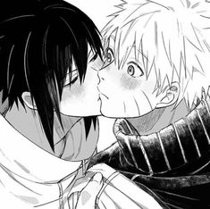 two anime characters kissing each other in black and white