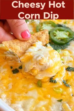 cheesy hot corn dip in a white bowl