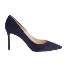 JIMMY CHOO Romy 85 Pumps In Suede - Navy | Editorialist Chic Fitted Heels With Leather Sole, Luxury Fitted Suede Heels, Luxury Fitted Suede Court Shoes, Chic Fitted Suede Court Shoes, Jimmy Choo Romy 85, Navy Pumps, Jimmy Choo Romy, Pointed Pumps, Glitter Pumps