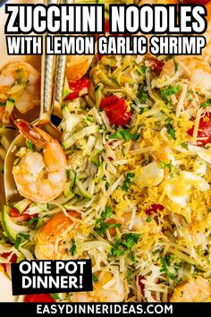 the cover of zucchini noodle salad with lemon garlic shrimp is shown on a white plate