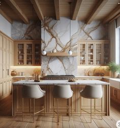 a kitchen with marble counter tops and wooden cabinets, along with two bar stools