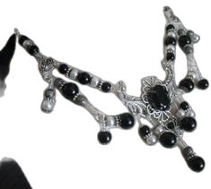 Gothic Beaded Wedding Jewelry, Gothic Beaded Jewelry For Evening, Gothic Silver Jewelry With Black Beads, Gothic Black Beaded Metal Jewelry, Gothic Silver Necklace With Black Beads, Gothic Metal Jewelry With Black Beads, Gothic Silver Beaded Necklaces With Black Beads, Silver Gothic Necklace With Black Beads, Silver Jewelry With Black Beads For Evening