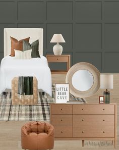 the bedroom is decorated in neutral colors and has a bed, dresser, chair, mirror, lamp, and throw pillow