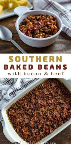 southern baked beans with bacon and beef in a casserole dish