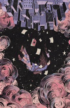 an illustration of a person flying through the air with buildings and stars in the background