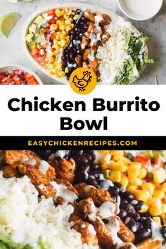 chicken burrito bowl with black beans, corn, and rice in bowls on the side