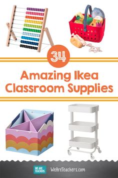 the words amazing ikea classroom supplies are in front of an image of children's toys