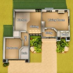 an overhead view of a floor plan for a house with three bedroom and two bathrooms