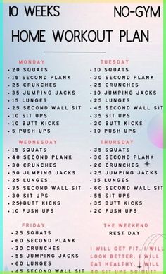 the 10 - week no - gym home workout plan is shown in pink and green