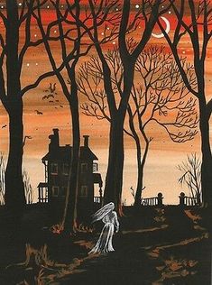 a painting of a person walking in the woods near a house with trees on it