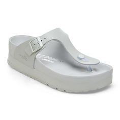 A flexible platform sole takes the Gizeh's classic design to new heights—and your style along with it. Fully wrapped in luxuriously smooth leather for a premium look this Exquisite version instantly elevates any outfit with its tonal street-inspired design. This Papillio By BIRKENSTOCK style rests on a contoured footbed designed to support you through it all. Contoured cork-latex footbed Natural leather upper Exquisite leather footbed lining for luxurious feel Platform EVA sole; 30 mm Two adjust Platform Outfit, Mineral Gray, Birkenstock Styles, Birkenstock Style, Wide Heels, Suede Fashion, Shoe Insoles, Girls Sandals, Eva Sole