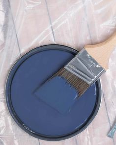 a paint brush sitting on top of a blue pan