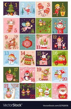 the christmas calendar is decorated with animals and snowman's in red, green, pink