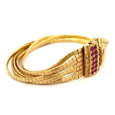 12 round synthetic ruby are set on the clasp Ruby Yellow Gold 18K YG Stunning 7 Row Satin Gold Bracelet 47.8g, 1x8" at Regard Jewelry in Austin, Texas Austin Texas, The Row, Leather Bracelet, Austin, Gold Bracelet, Ruby, Texas, Yellow Gold, Satin