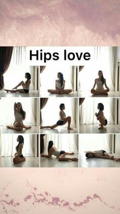 a woman is doing yoga poses in front of a window with the words hips love on it