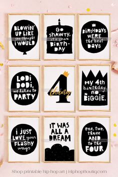 One, two, three and to the four... Your little one's 4th birthday is B.I.G. milestone which calls for nothing less than a hip-hop themed birthday party! Check our dope collection of hip-hop themed party decorations for throwing the flyest, most memorable 4th birthday. Grab your favorite rap lyric signs and get ready for a gangsta party! 🥳 Shop more printable rap wall art & party decor at hiphopboutiq.com 🎵 #hiphop #hiphopmusic #hiphopart #rap #rapmusic #rapart #rapquotes Hip Hop Birthday Invitations, Hip Hop Hooray Birthday Party, Hiphop Theme Birthday Party, Aint Nothing But A Three Thang Party, 90s Hip Hop Birthday Party Theme, Hip Hop Birthday Party Ideas For Kids, Hip Hop Themed Birthday Party, Gangsta Party Theme, Hip Hop Party Theme Decoration