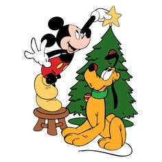 mickey mouse and pluto in front of a christmas tree with a star on the top