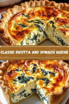 two different views of a quiche with cheese and spinach