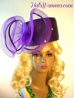 "Ladies Couture Purple Pillbox Designer Fashion Hat With A Large Bow. This Custom Made Women's Designer Hat Is Embellished With A Huge Purple Crinoline Horsehair Bow, Accented With Acrylic Rhinestones. This Beautiful Designer Hat Is Suited For A Bride To Be On Her Wedding Day, Horse Races, The Kentucky Derby, Breeder's Cup, Maryland Million Day, Iroquois Steeplechase Horse Races, The Melbourne Cup, The Royal Ascot, Church, Weddings, Formals, And Special Occasion. This Fashion Hat Is Custom Made Special Occasion Hats, Mother Of The Bride Hats, Church Lady Hats, Classy Hats, Custom Made Hats, Church Weddings, Horse Races, Derby Horse, Occasion Hats