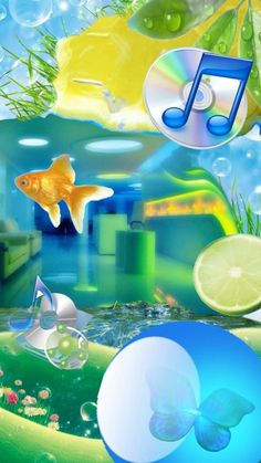 an image of a fish in the water with bubbles and music notes on it's side