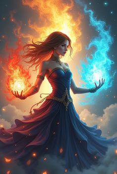 a woman in a blue dress holding a fire ball